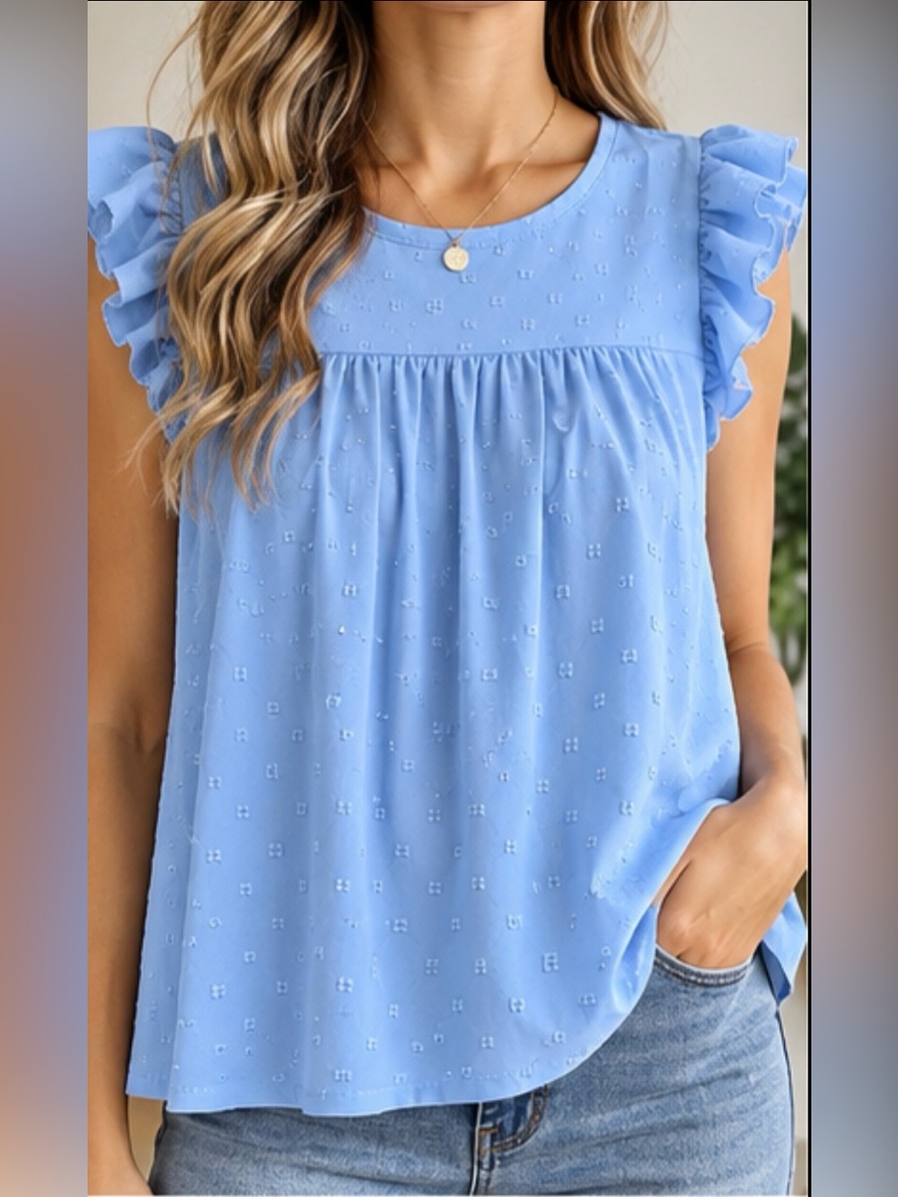 💙 Light Blue Swiss Dot Ruffle Sleeve Babydoll Top — Size Medium